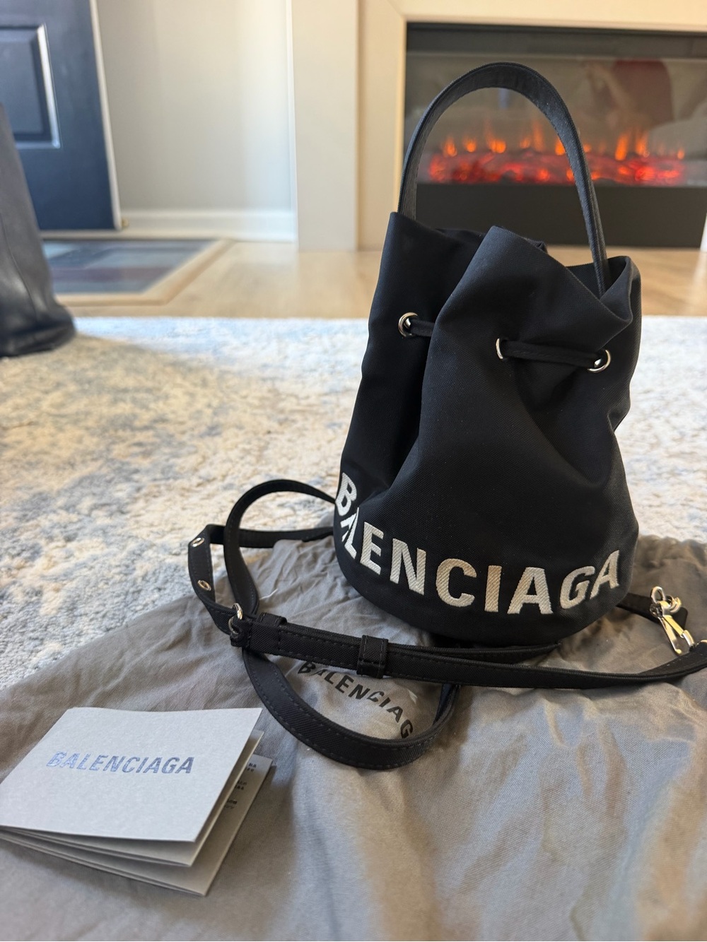 Balenciaga Black Mini Drawstring Bucket Bag with White Logo